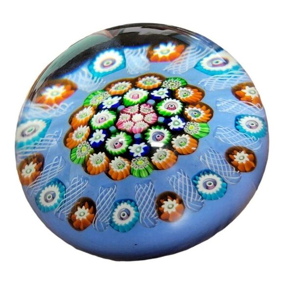 Early Blue Paul Ysart Lampwork Flower & Latticino Millefiori Garland Paperweight - Picture 1 of 6